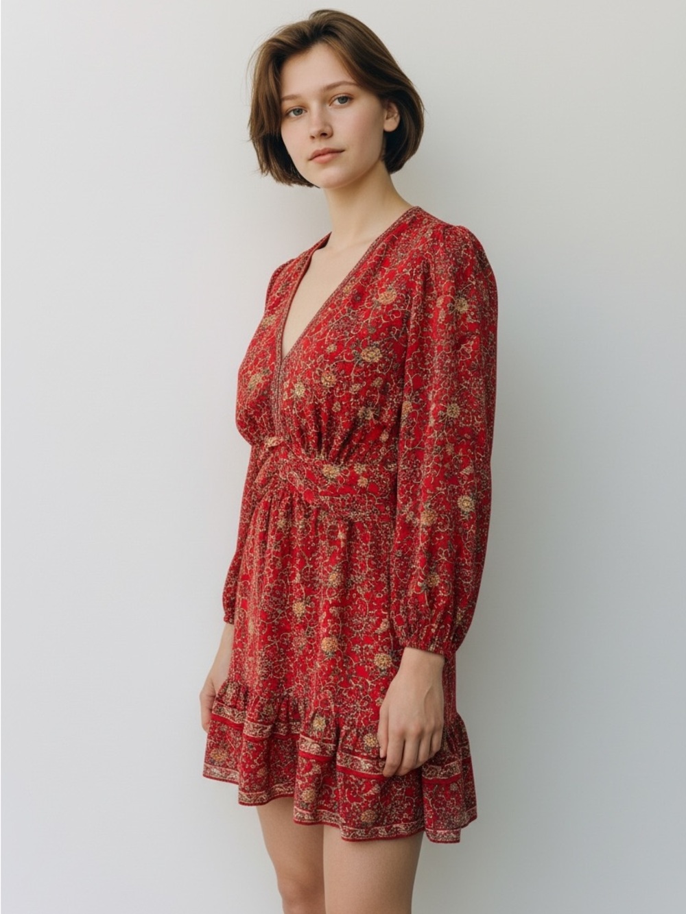 Max Studio Red Floral V‑Neck Long Sleeve Mini Dress XL